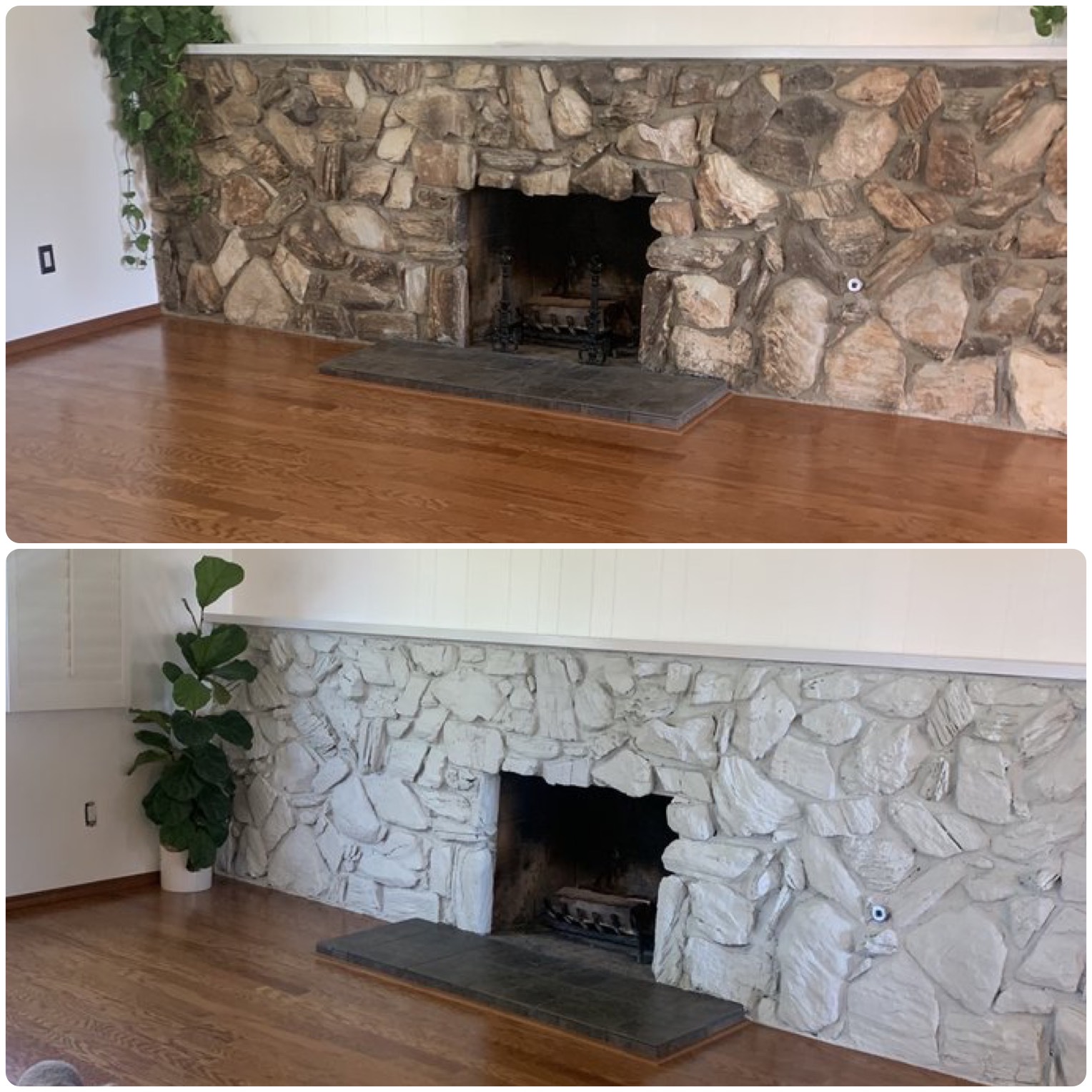 Before and after photos by Victory Paints & Services Inc., showcasing a fireplace area in a Riverside, CA home, with the wall freshly painted in the after photo.