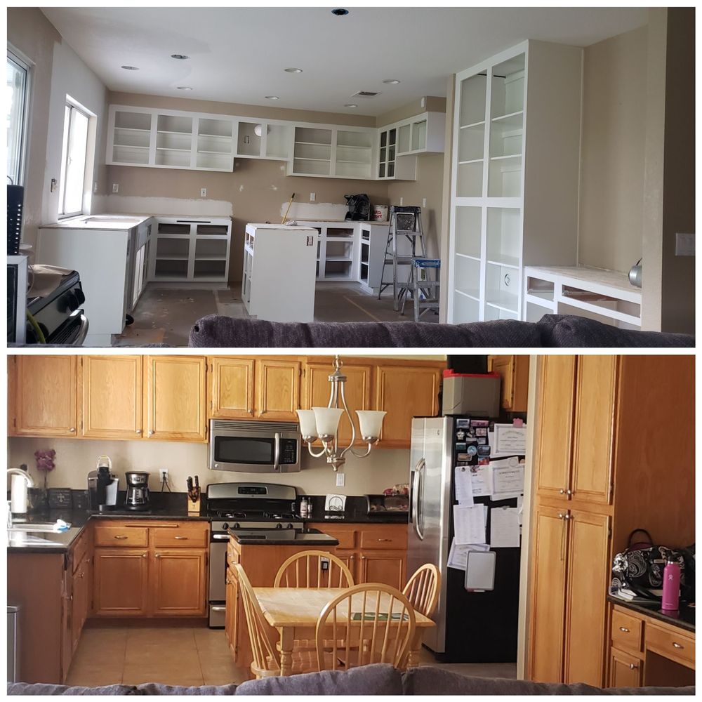 Before and after views of a kitchen remodeling project in Riverside, CA by Victory Paints & Services Inc., showcasing upgraded cabinetry and modern appliances. painting services in Riverside, CA.